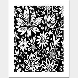 Black and White Floral Lino Print Posters and Art